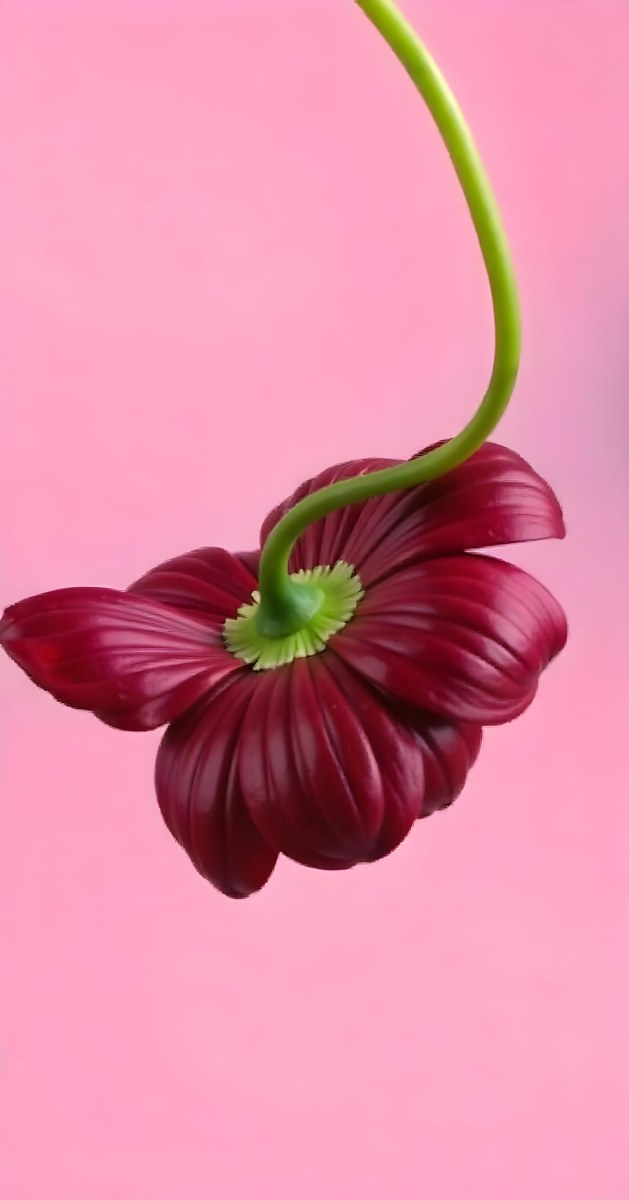 A Dark Red Flower With A Red Stem The Flower Is Upside Down The Background Is Pink Studio Shot Macro Photography High Resolution 25 6806