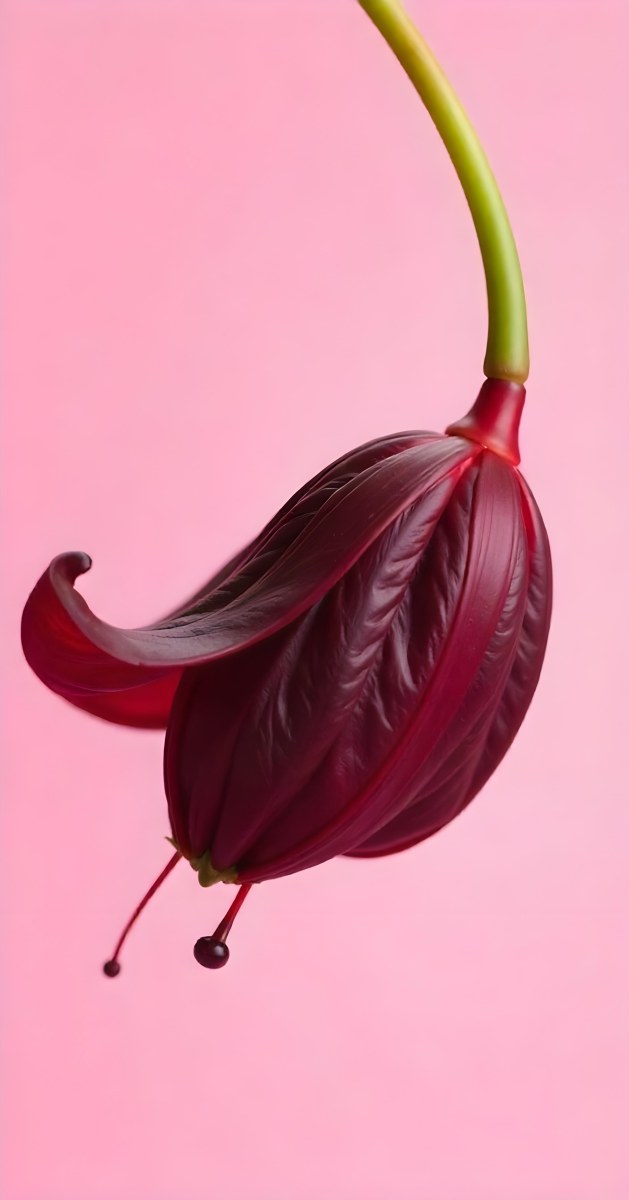 A Dark Red Flower With A Red Stem The Flower Is Upside Down The Background Is Pink Studio Shot Macro Photography High Resolution 4 202d