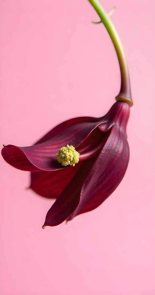 A Dark Red Flower With A Red Stem The Flower Is Upside Down The Background Is Pink Studio Shot Macro Photography High Resolution 6 8bb8