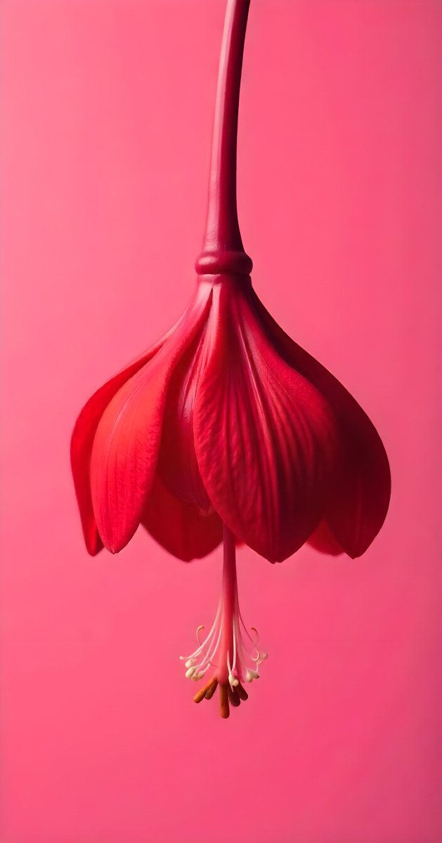 A Dark Red Flower With A Red Stem The Flower Is Upside Down The Background Is Pink Studio Shot Macro Photography High Resolution 9 4f0b