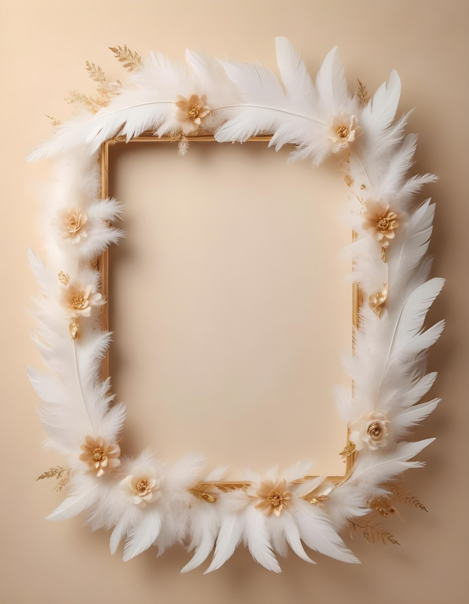 A Decorative Frame Made Of White Feathers And Flowers