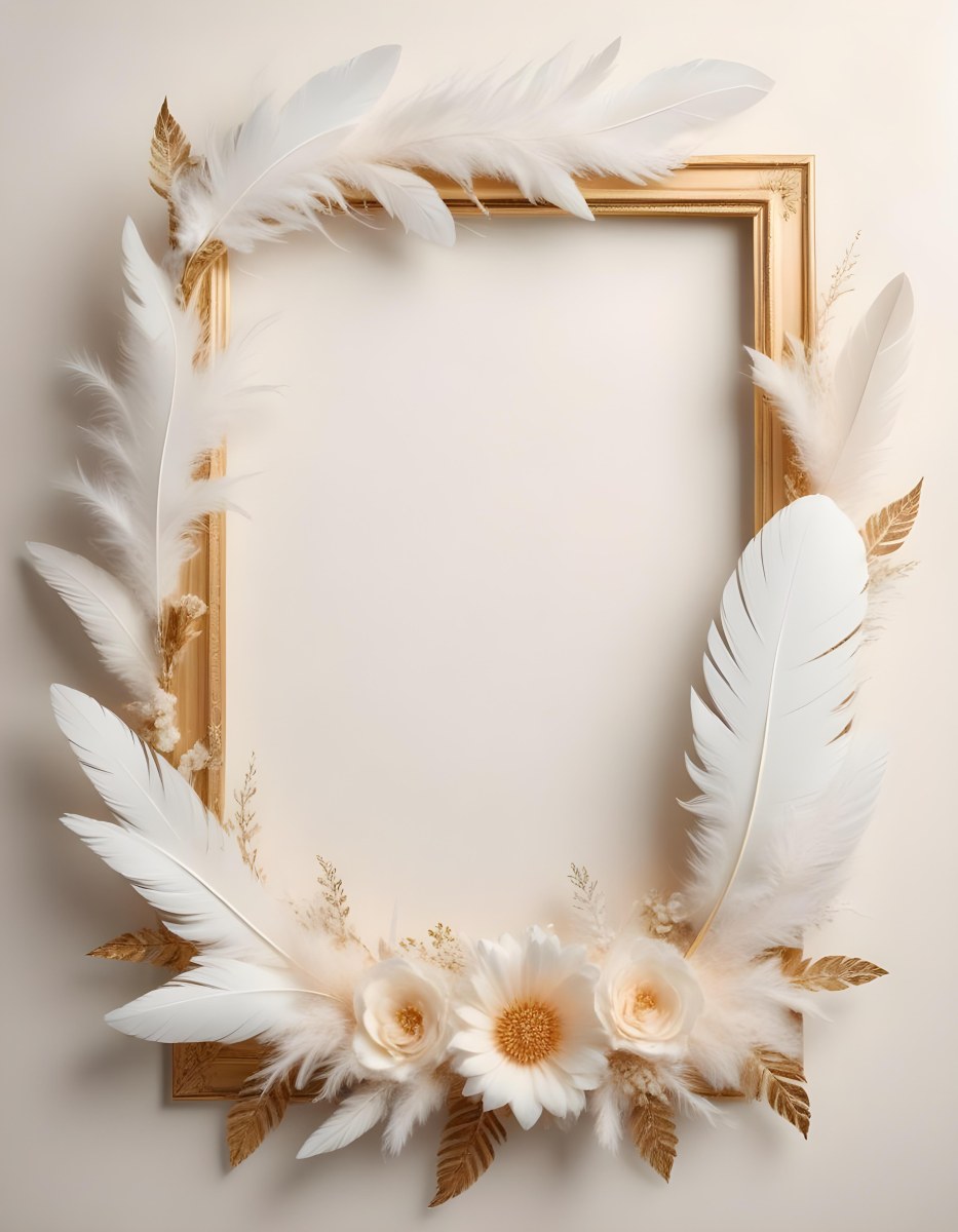 A Decorative Frame Made Of White Feathers And Flowers With A Golden Center The Frame Has A Minimalist Design Creating A Serene And Delicate Atmosphere 13 3adc