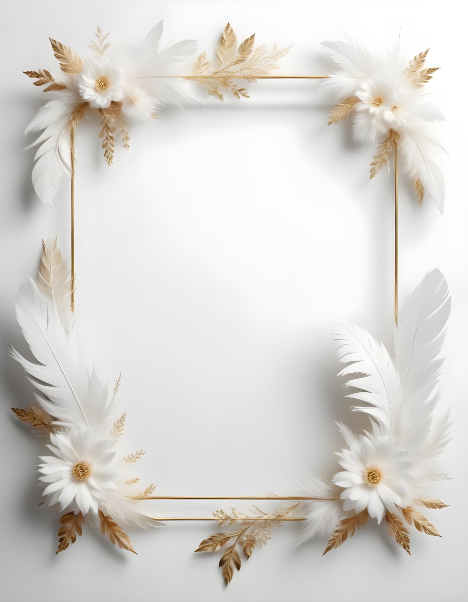 A Decorative Frame Made Of White Feathers And Flowers With A Golden Center The Frame Has A Minimalist Design Creating A Serene And Delicate Atmosphere 17 Eb20