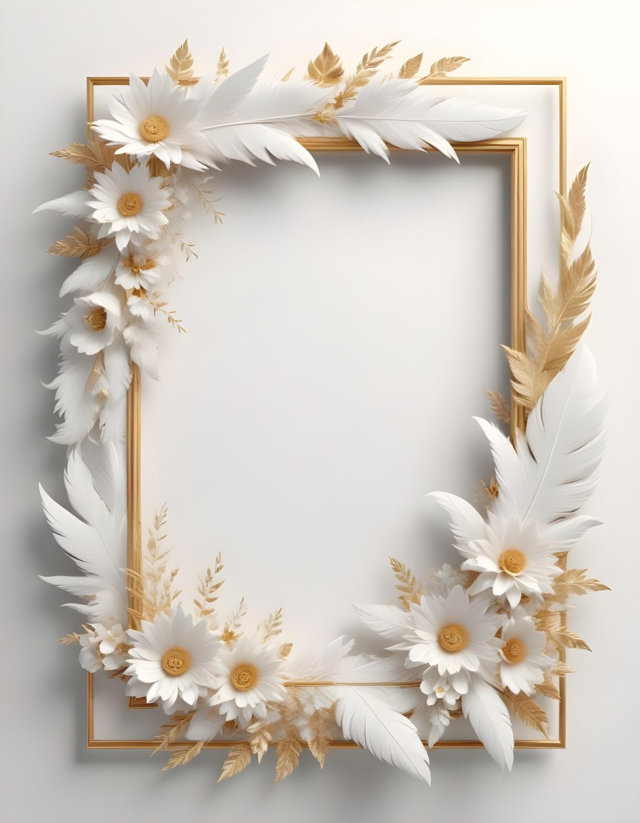A Decorative Frame Made Of White Feathers And Flowers With A Golden Center The Frame Has A Minimalist Design Creating A Serene And Delicate Atmosphere 28 9d16