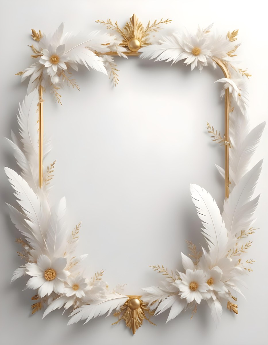 A Decorative Frame Made Of White Feathers And Flowers With A Golden Center The Frame Has A Minimalist Design Creating A Serene And Delicate Atmosphere 32 8102