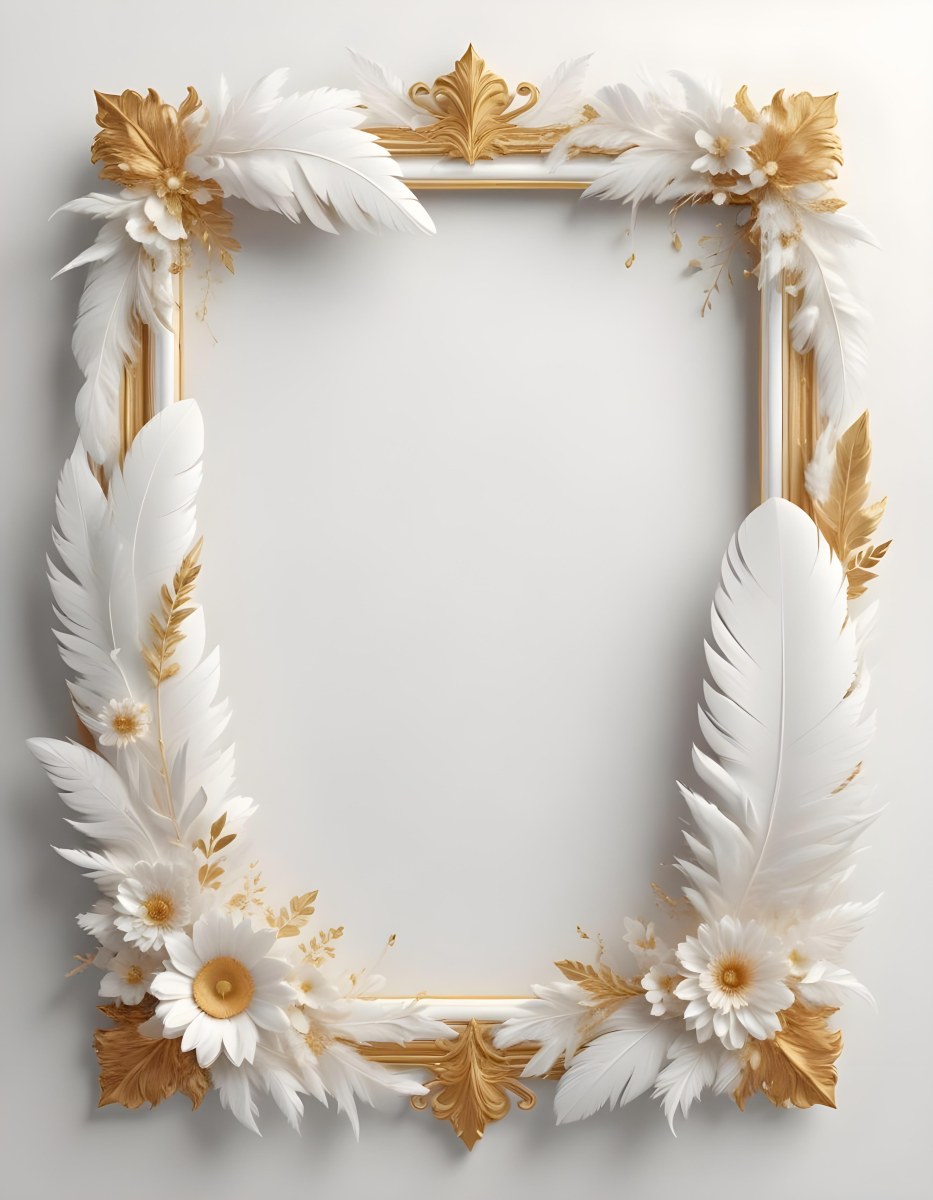 A Decorative Frame Made Of White Feathers And Flowers With A Golden Center The Frame Has A Minimalist Design Creating A Serene And Delicate Atmosphere 36 7edc