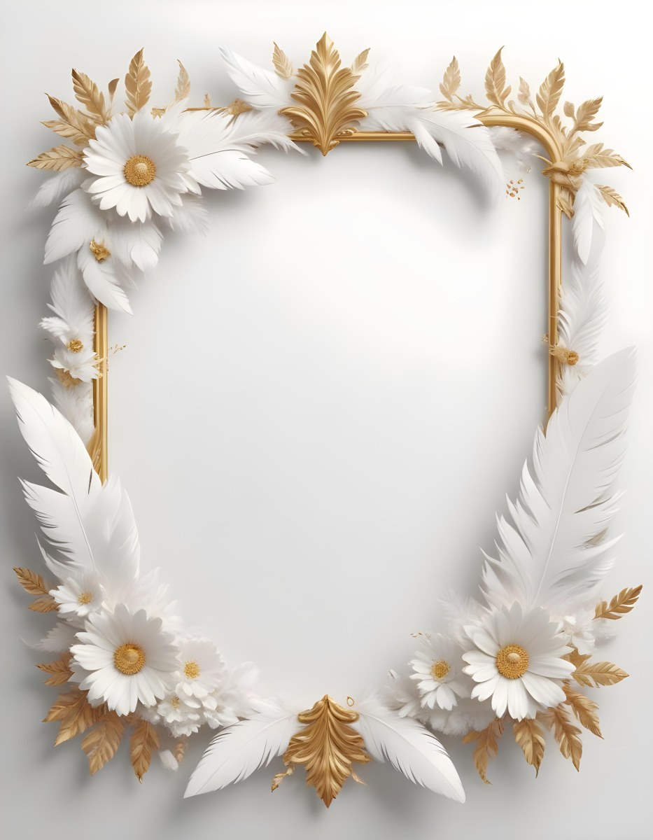 A Decorative Frame Made Of White Feathers And Flowers With A Golden Center The Frame Has A Minimalist Design Creating A Serene And Delicate Atmosphere 38 F2c5