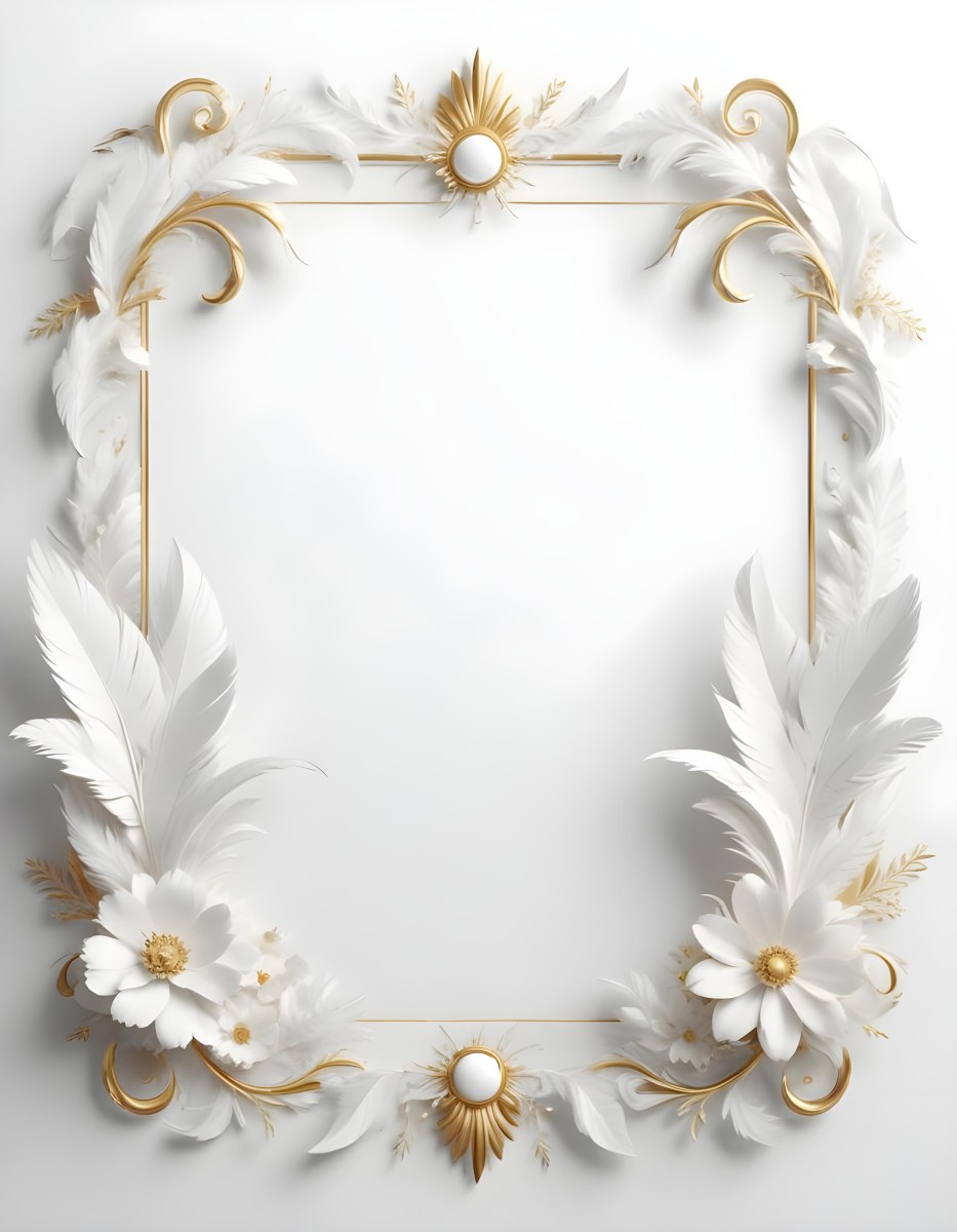 A Decorative Frame Made Of White Feathers And Flowers With A Golden Center The Frame Has A Minimalist Design Creating A Serene And Delicate Atmosphere 41 D006