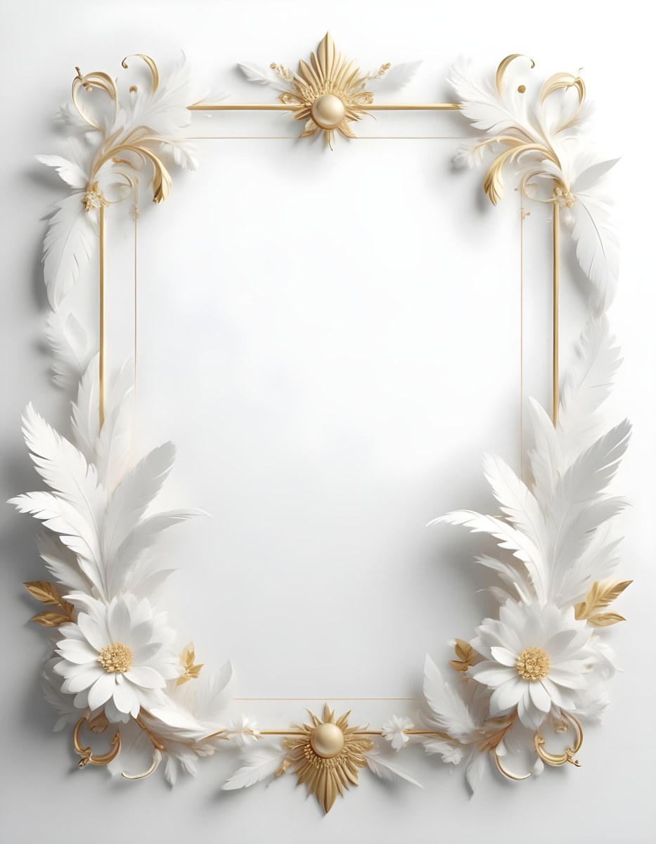 A Decorative Frame Made Of White Feathers And Flowers With A Golden Center The Frame Has A Minimalist Design Creating A Serene And Delicate Atmosphere 45 40d0