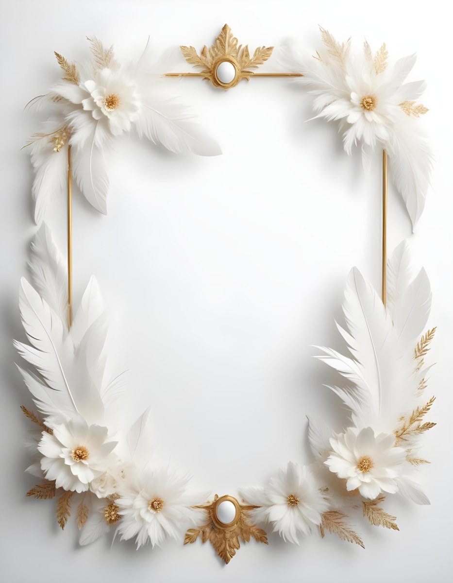 A Decorative Frame Made Of White Feathers And Flowers With A Golden Center The Frame Has A Minimalist Design Creating A Serene And Delicate Atmosphere 56 B063