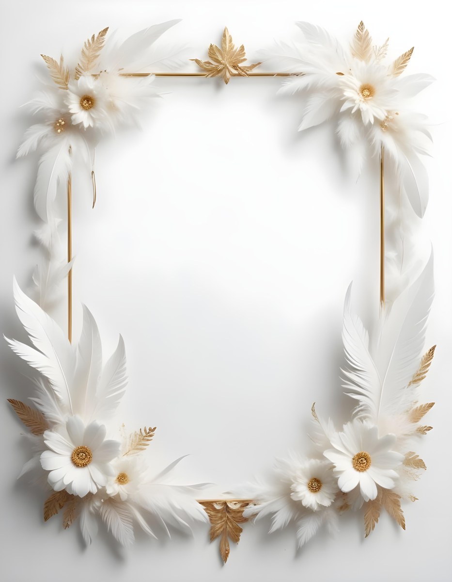 A Decorative Frame Made Of White Feathers And Flowers With A Golden Center The Frame Has A Minimalist Design Creating A Serene And Delicate Atmosphere 57 3a93