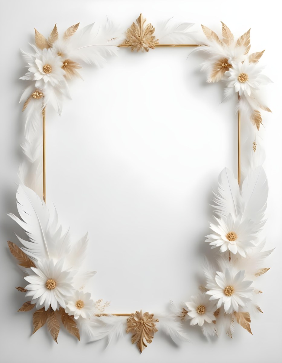 A Decorative Frame Made Of White Feathers And Flowers With A Golden Center The Frame Has A Minimalist Design Creating A Serene And Delicate Atmosphere 58 2454