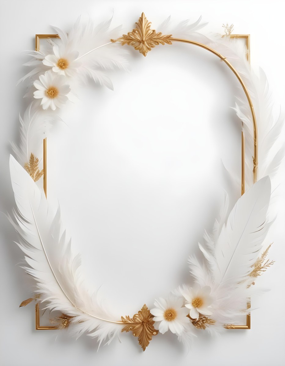 A Decorative Frame Made Of White Feathers And Flowers With A Golden Center The Frame Has A Minimalist Design Creating A Serene And Delicate Atmosphere 59 39c9