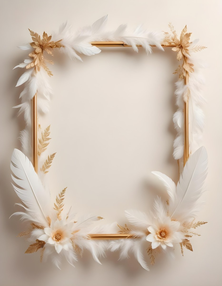 A Decorative Frame Made Of White Feathers And Flowers With A Golden Center The Frame Has A Minimalist Design Creating A Serene And Delicate Atmosphere 6 4cdb