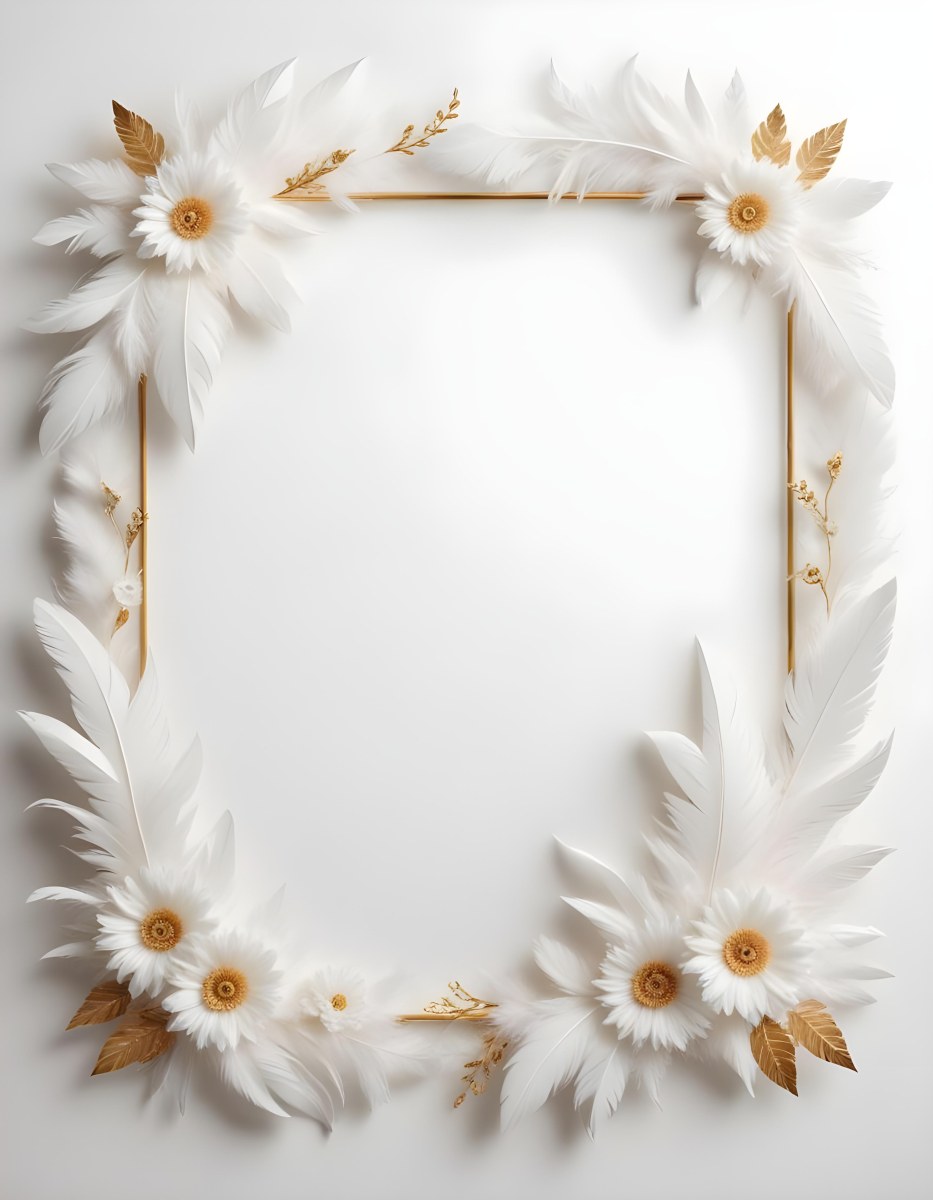 A Decorative Frame Made Of White Feathers And Flowers With A Golden Center The Frame Has A Minimalist Design Creating A Serene And Delicate Atmosphere 60 607a