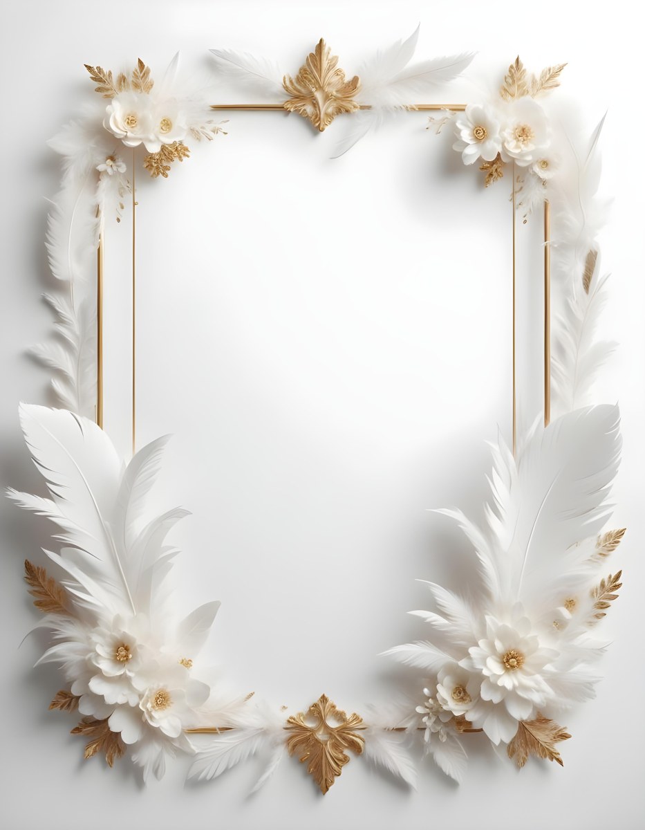 A Decorative Frame Made Of White Feathers And Flowers With A Golden Center The Frame Has A Minimalist Design Creating A Serene And Delicate Atmosphere 61 0266