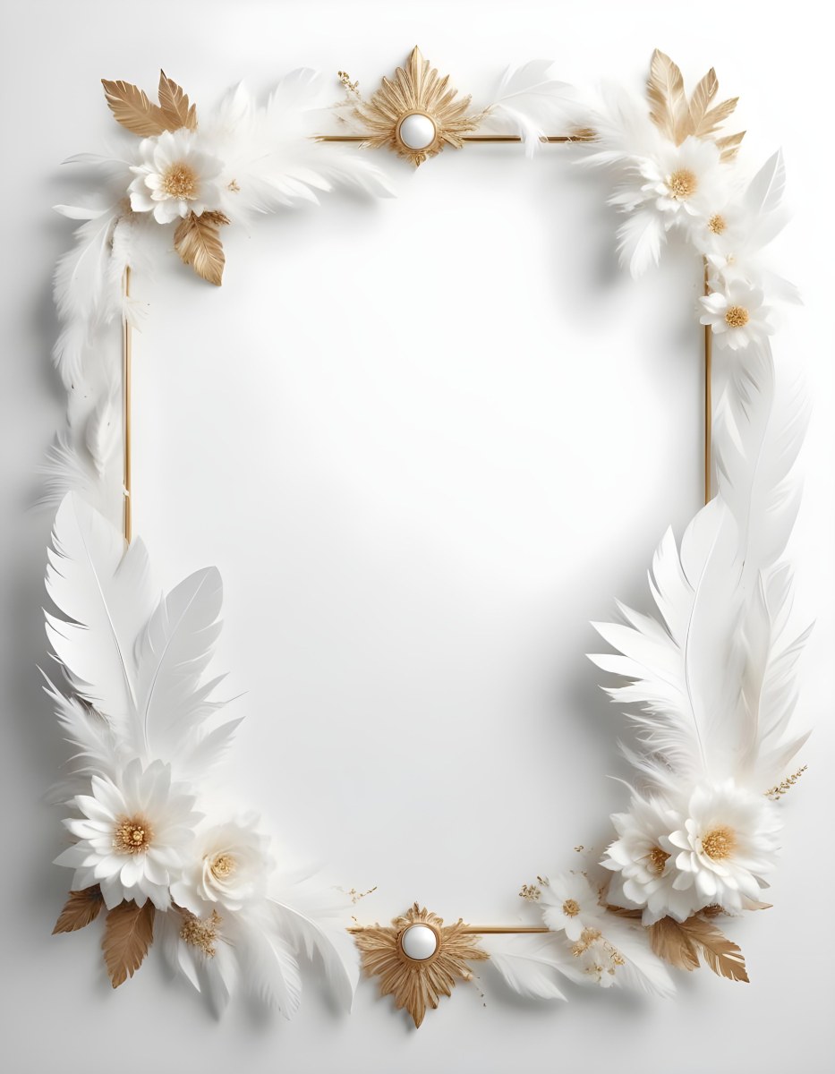 A Decorative Frame Made Of White Feathers And Flowers With A Golden Center The Frame Has A Minimalist Design Creating A Serene And Delicate Atmosphere 62 A277