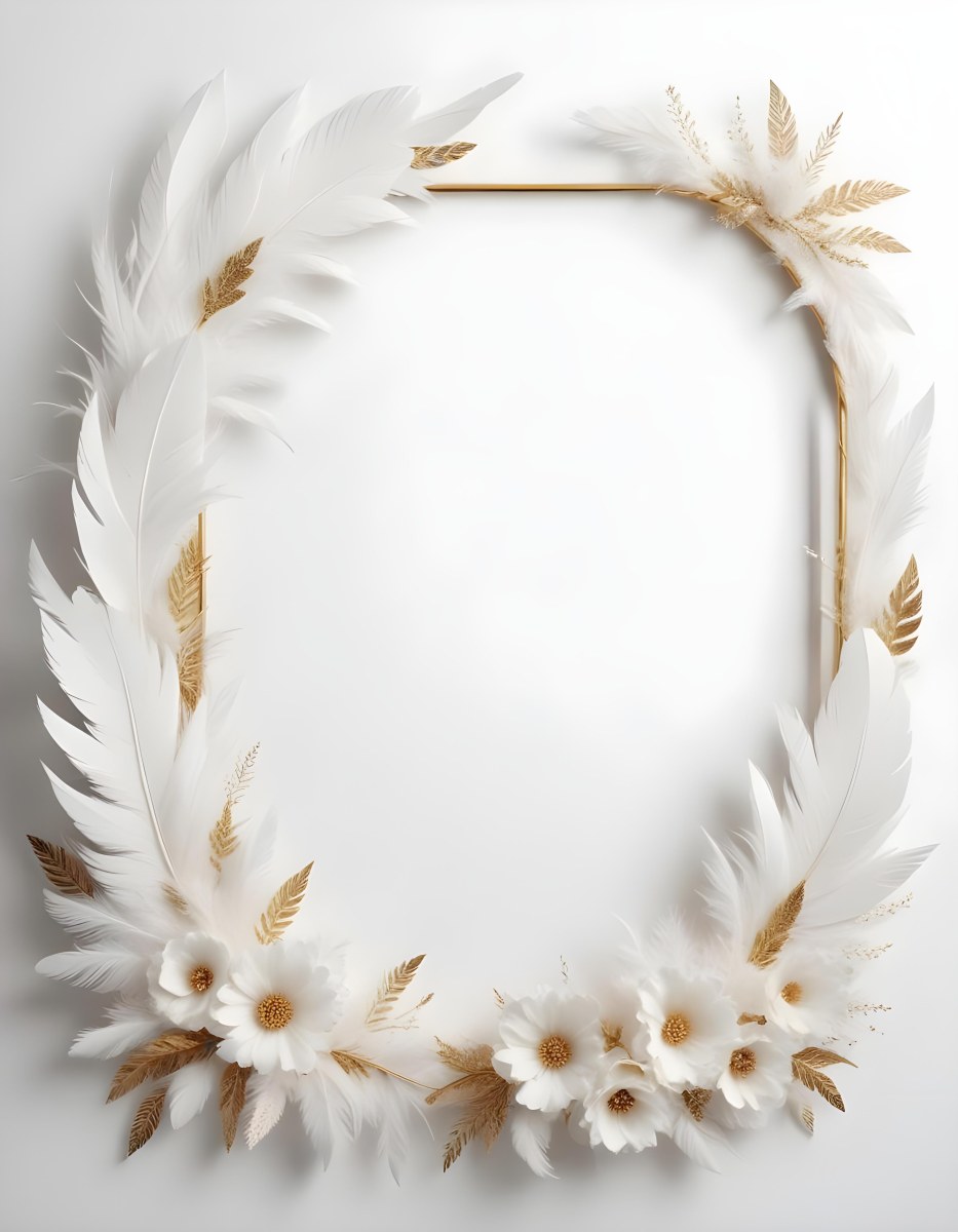 A Decorative Frame Made Of White Feathers And Flowers With A Golden Center The Frame Has A Minimalist Design Creating A Serene And Delicate Atmosphere 63 C6a3