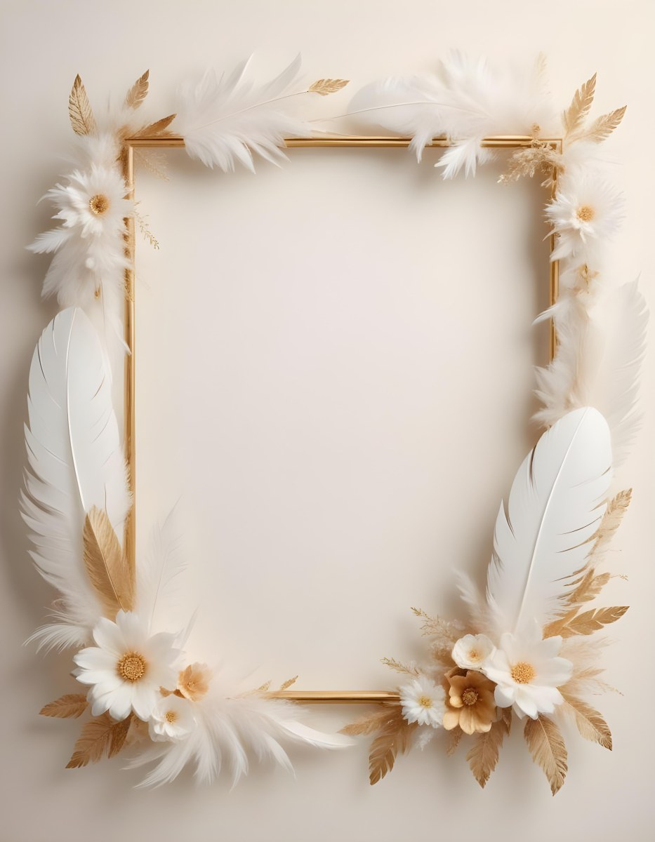 A Decorative Frame Made Of White Feathers And Flowers With A Golden Center The Frame Has A Minimalist Design Creating A Serene And Delicate Atmosphere 64 Dfef