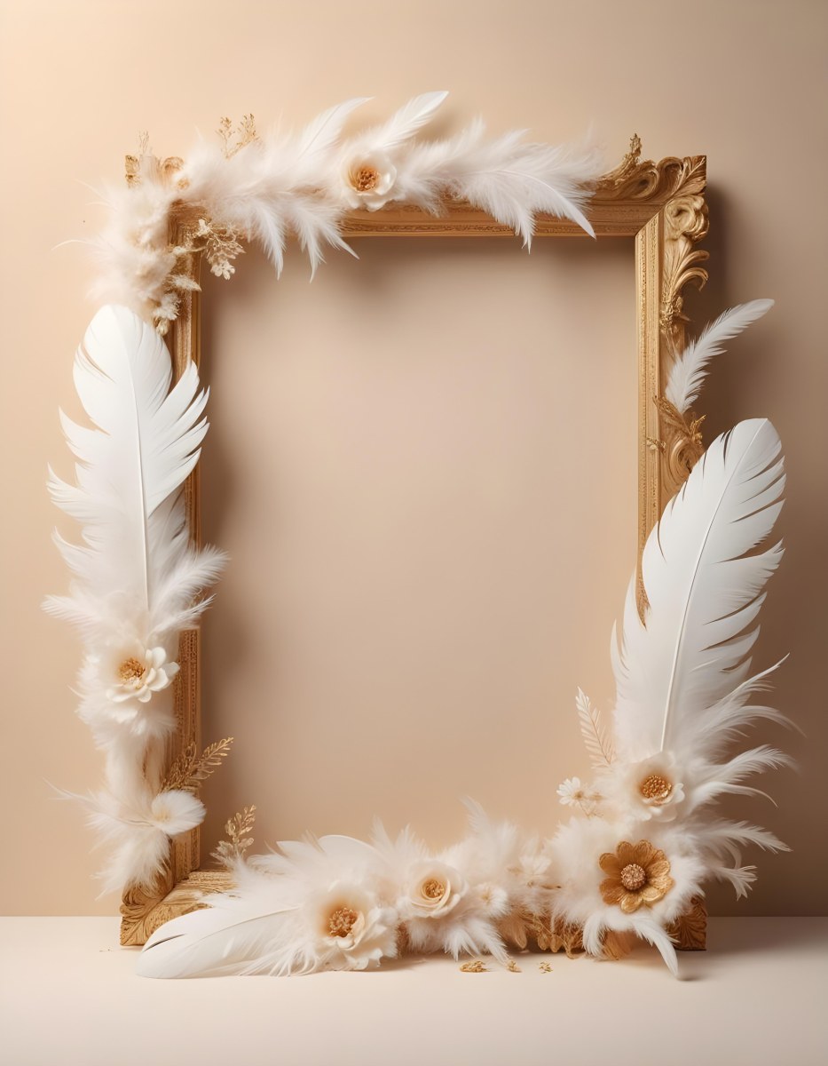 A Decorative Frame Made Of White Feathers And Flowers With A Golden Center The Frame Has A Minimalist Design Creating A Serene And Delicate Atmosphere 7 B808