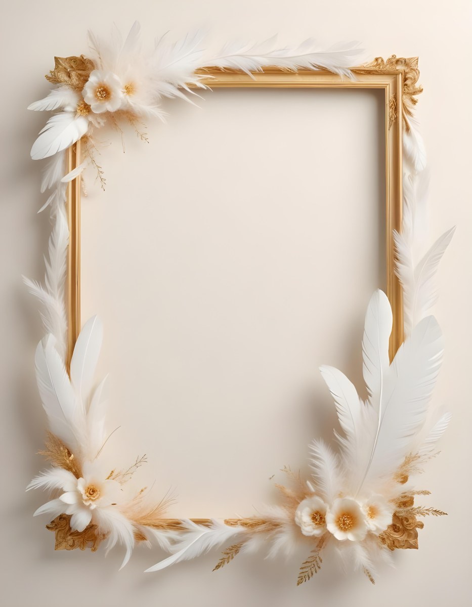 A Decorative Frame Made Of White Feathers And Flowers With A Golden Center The Frame Has A Minimalist Design Creating A Serene And Delicate Atmosphere 8 De76
