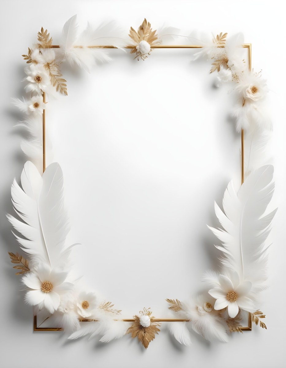 A Decorative Frame Made Of White Feathers And Flowers With A Golden Center The Frame Has A Minimalist Design Creating A Serene And Delicate Atmosphere 9 902b