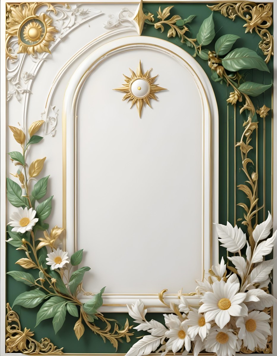 A Decorative Frame With A White Arched Center Surrounded By Floral And Leaf Patterns In Green Gold And White The Frame Has An Ornate Intricate Design With A Sun Like Symbol At The Top 26 2a4d