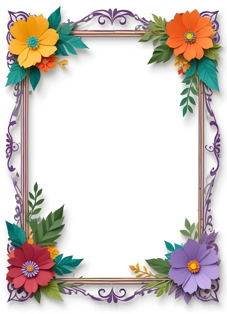 A Decorative Frame With Colorful Paper Flowers In The Corners Including Yellow Orange Red And Purple Blooms With Green Leaves The Frame Has An Ornate Metallic Design 102 A0f0