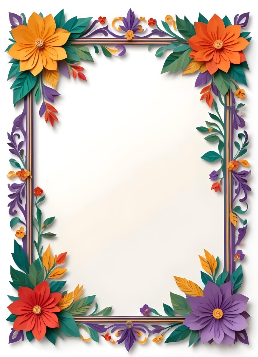 A Decorative Frame With Colorful Paper Flowers In The Corners Including Yellow Orange Red And Purple Blooms With Green Leaves The Frame Has An Ornate Metallic Design 106 Ecbd