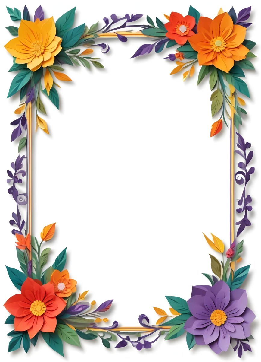 A Decorative Frame With Colorful Paper Flowers In The Corners Including Yellow Orange Red And Purple Blooms With Green Leaves The Frame Has An Ornate Metallic Design 110 1051