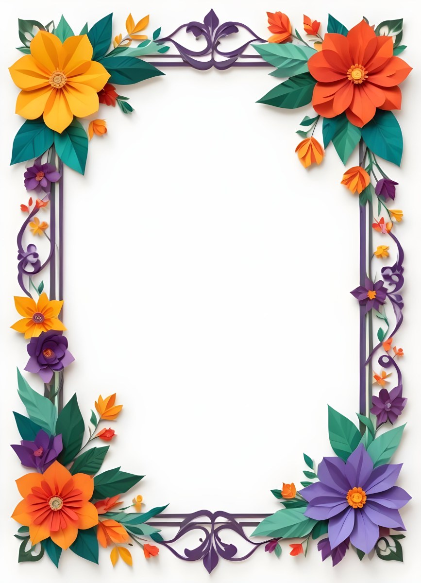 A Decorative Frame With Colorful Paper Flowers In The Corners Including Yellow Orange Red And Purple Blooms With Green Leaves The Frame Has An Ornate Metallic Design 111 F10e