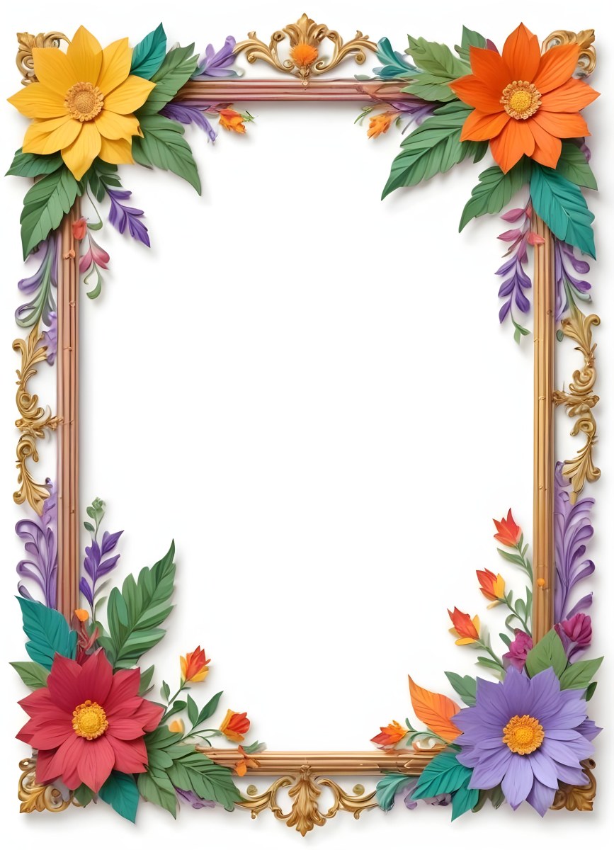 A Decorative Frame With Colorful Paper Flowers In The Corners Including Yellow Orange Red And Purple Blooms With Green Leaves The Frame Has An Ornate Metallic Design 115 86ab