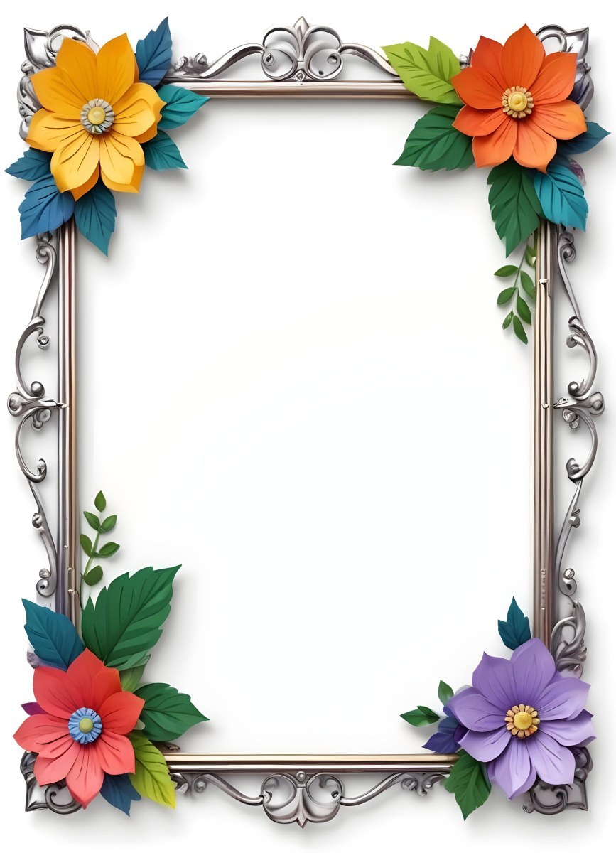 A Decorative Frame With Colorful Paper Flowers In The Corners Including Yellow Orange Red And Purple Blooms With Green Leaves The Frame Has An Ornate Metallic Design 37 320e