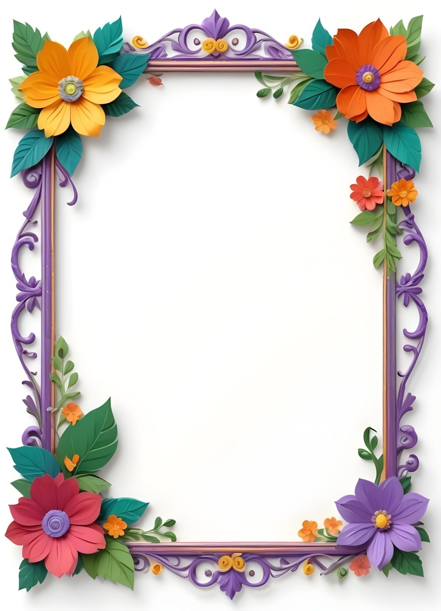 A Decorative Frame With Colorful Paper Flowers In The Corners Including Yellow Orange Red And Purple Blooms With Green Leaves The Frame Has An Ornate Metallic Design 50 D5a2