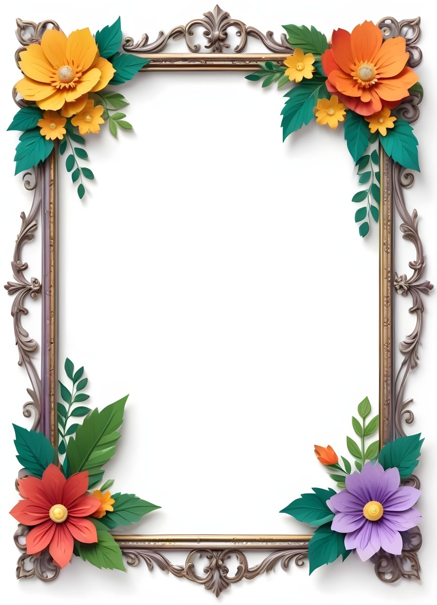 A Decorative Frame With Colorful Paper Flowers In The Corners Including Yellow Orange Red And Purple Blooms With Green Leaves The Frame Has An Ornate Metallic Design 58 C501