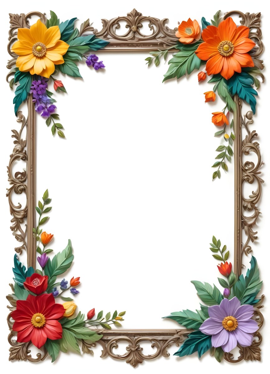 A Decorative Frame With Colorful Paper Flowers In The Corners Including Yellow Orange Red And Purple Blooms With Green Leaves The Frame Has An Ornate Metallic Design 88 Deff