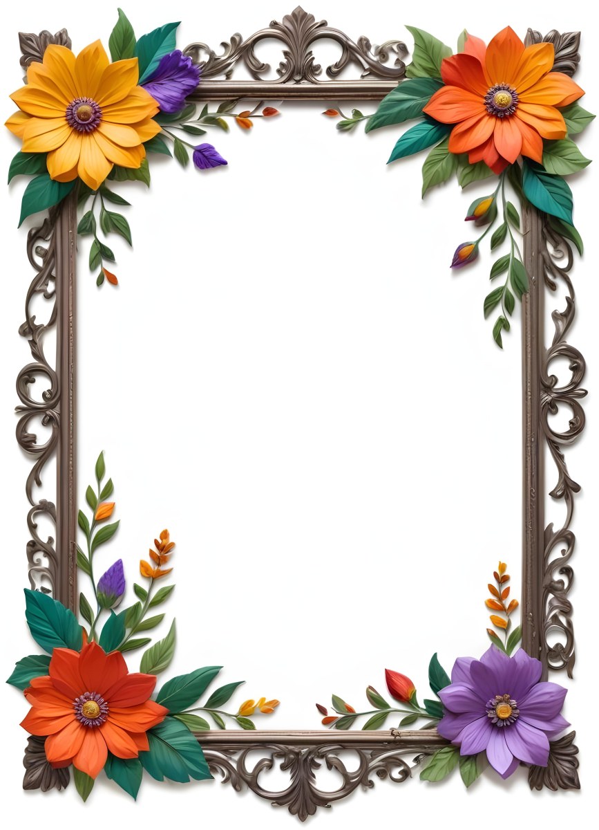 A Decorative Frame With Colorful Paper Flowers In The Corners Including Yellow Orange Red And Purple Blooms With Green Leaves The Frame Has An Ornate Metallic Design 89 72c4