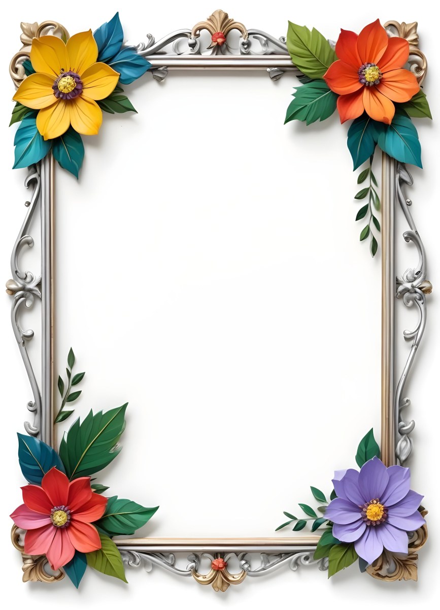 A Decorative Frame With Colorful Paper Flowers In The Corners Including Yellow Orange Red And Purple Blooms With Green Leaves The Frame Has An Ornate Metallic Design 90 F571
