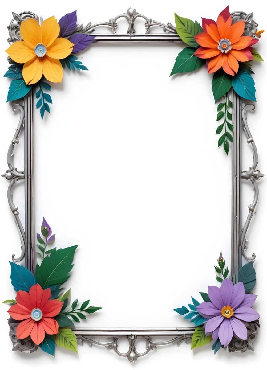 A Decorative Frame With Colorful Paper Flowers In The Corners Including Yellow Orange Red And Purple Blooms With Green Leaves The Frame Has An Ornate Metallic Design 94 0058