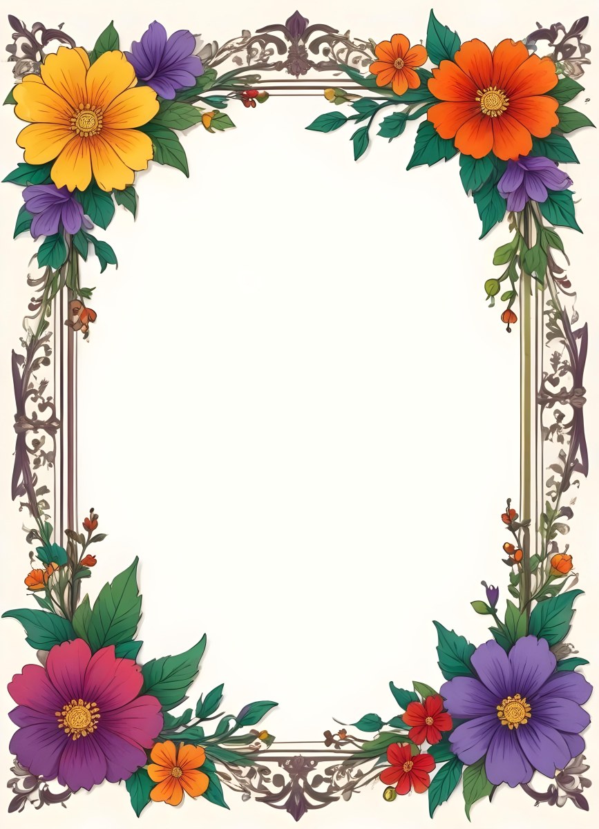 A Decorative Frame With Colorful Paper Flowers In The Corners Including Yellow Orange Red And Purple Blooms With Green Leaves The Frame Has An Ornate Metallic Design 95 A222