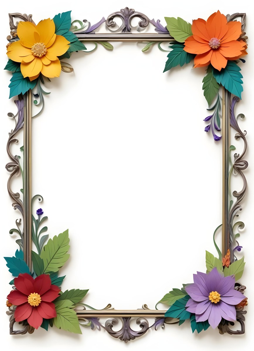 A Decorative Frame With Colorful Paper Flowers In The Corners Including Yellow Orange Red And Purple Blooms With Green Leaves The Frame Has An Ornate Metallic Design 98 C9de