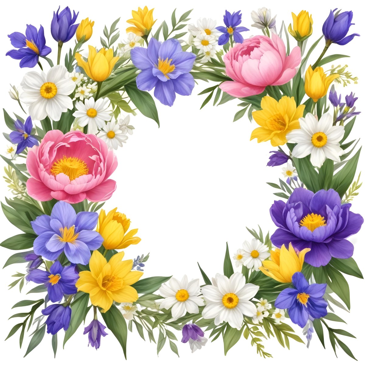A Decorative Frame With Colorful Paper Flowers In Various Shapes And Sizes Including White Blooms Surrounded By Green Leaves Against A White Background 159 D392
