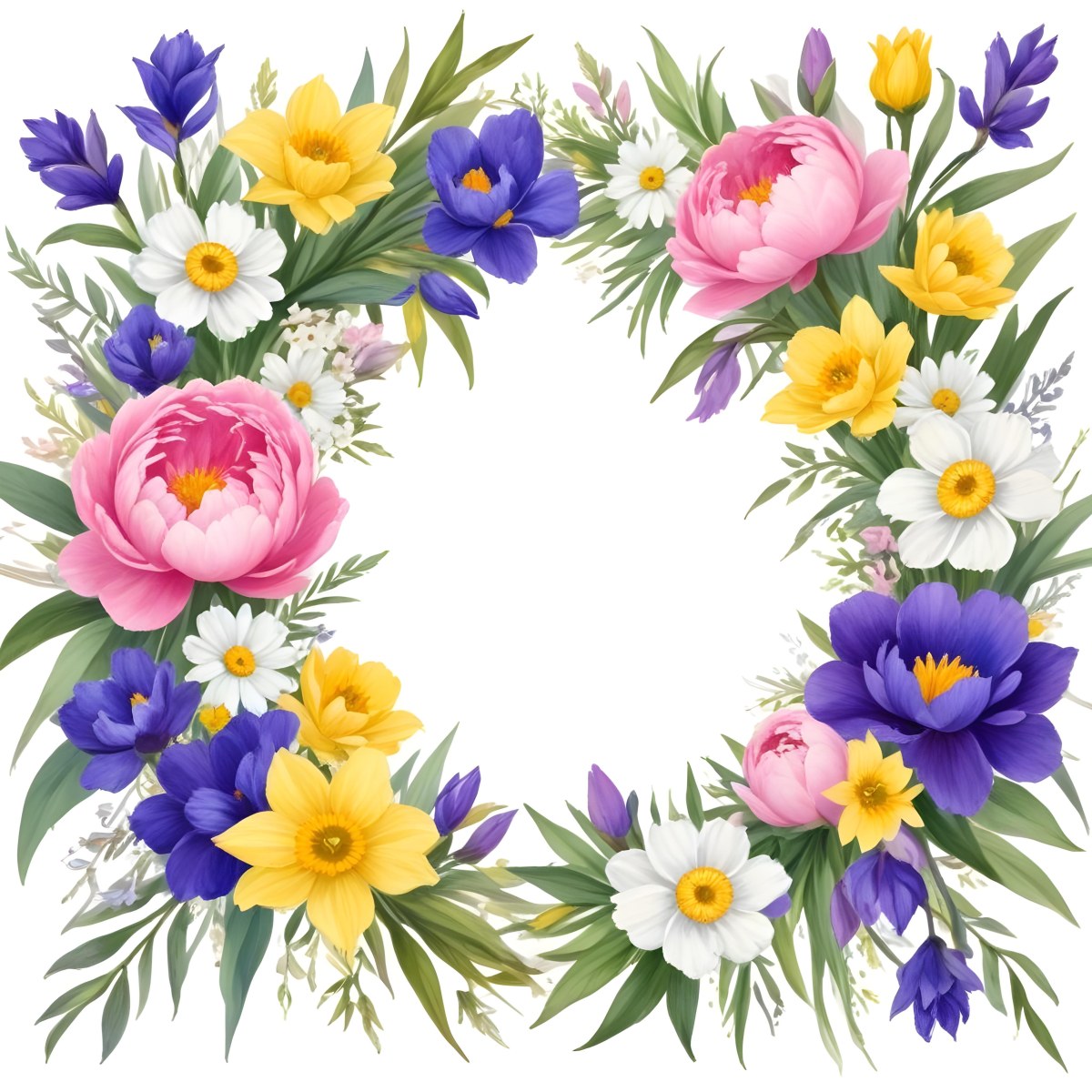 A Decorative Frame With Colorful Paper Flowers In Various Shapes And Sizes Including White Blooms Surrounded By Green Leaves Against A White Background 162 299e