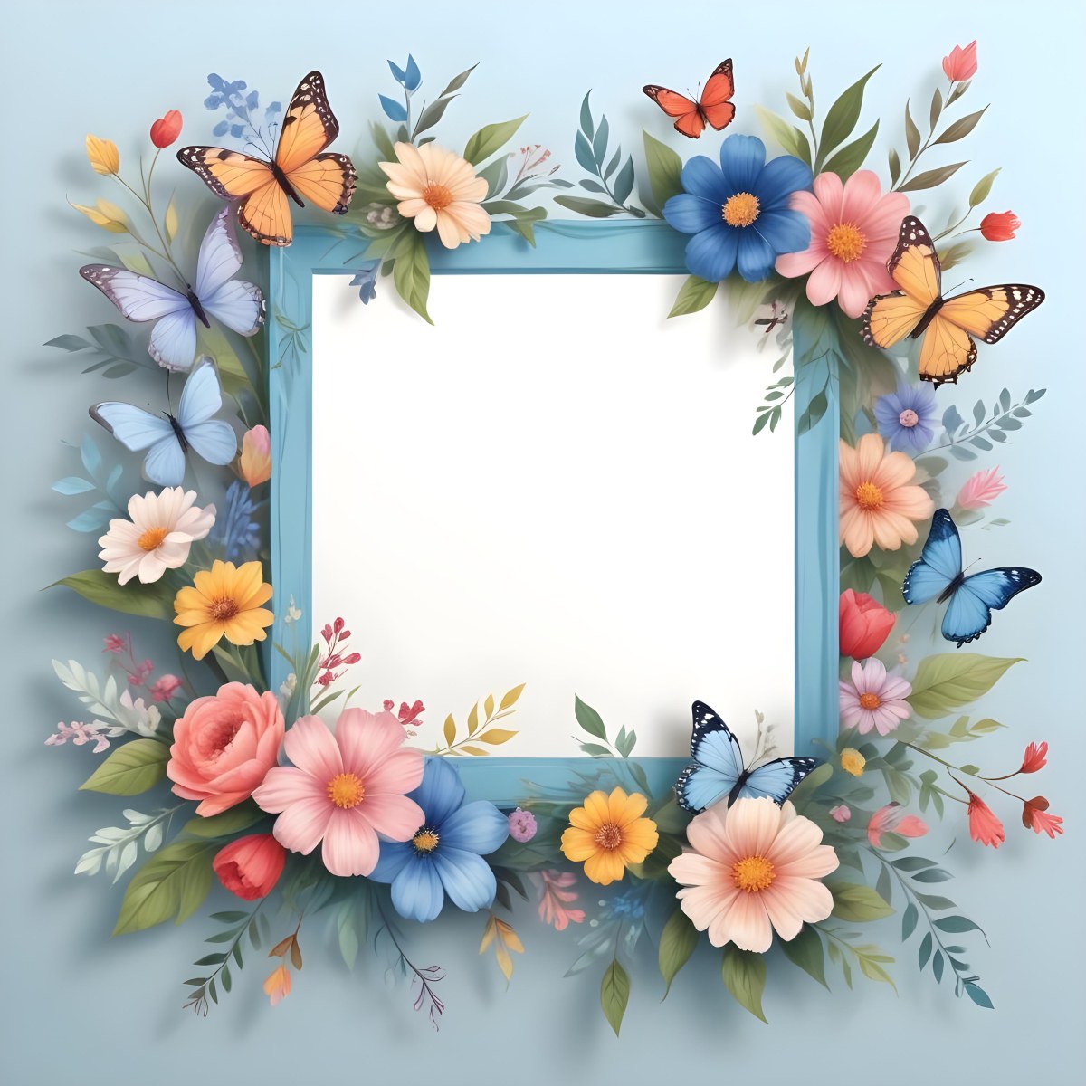 A Decorative Frame With Colorful Paper Flowers In Various Shapes And Sizes Including White Blooms Surrounded By Green Leaves Against A White Background 252 F836