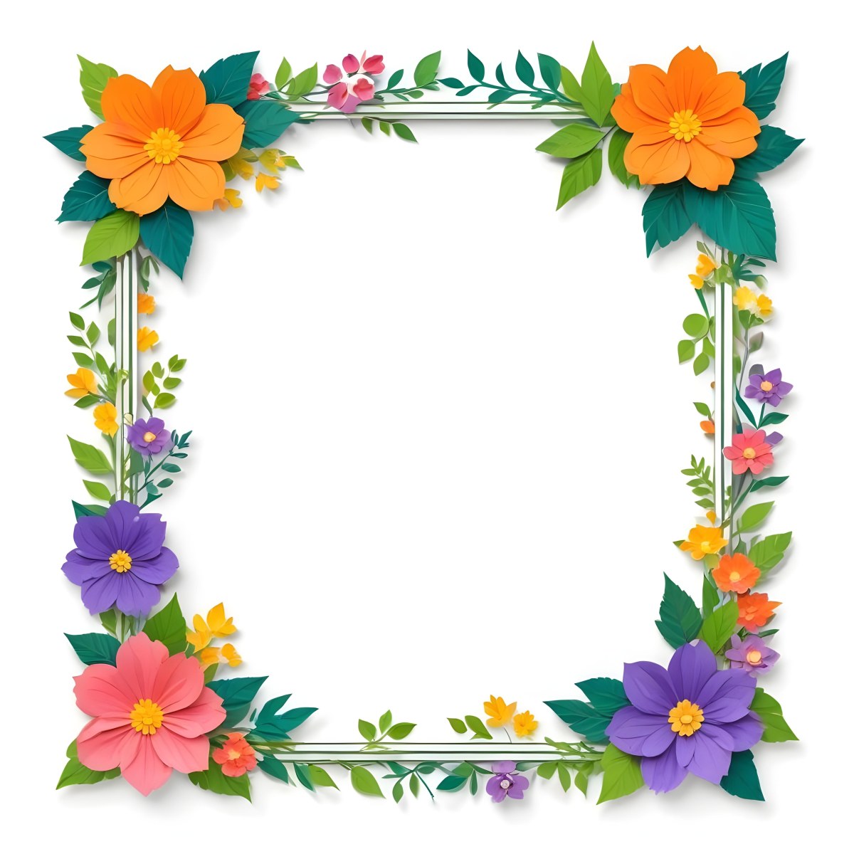 A Decorative Frame With Colorful Paper Flowers In Various Shapes And Sizes Including White Blooms Surrounded By Green Leaves Against A White Background 30 7990