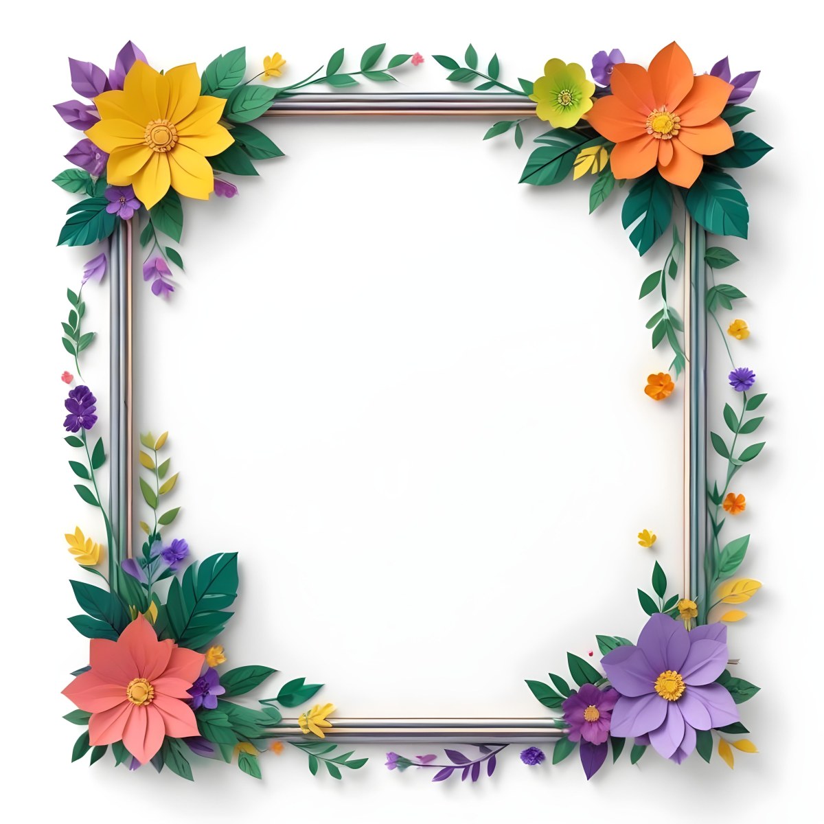 A Decorative Frame With Colorful Paper Flowers In Various Shapes And Sizes Including White Blooms Surrounded By Green Leaves Against A White Background 342 898b