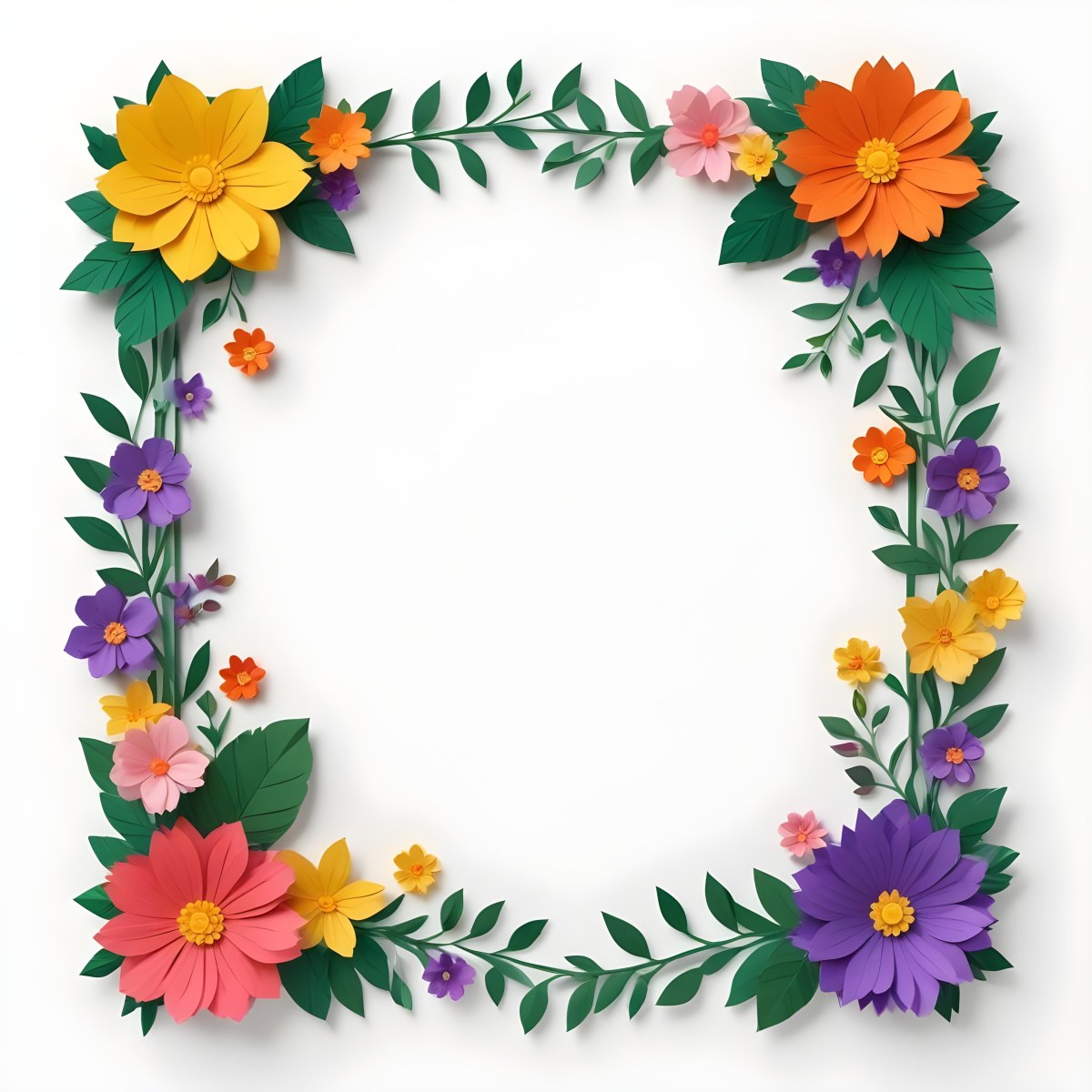 A Decorative Frame With Colorful Paper Flowers In Various Shapes And Sizes Including White Blooms Surrounded By Green Leaves Against A White Background 345 69c2