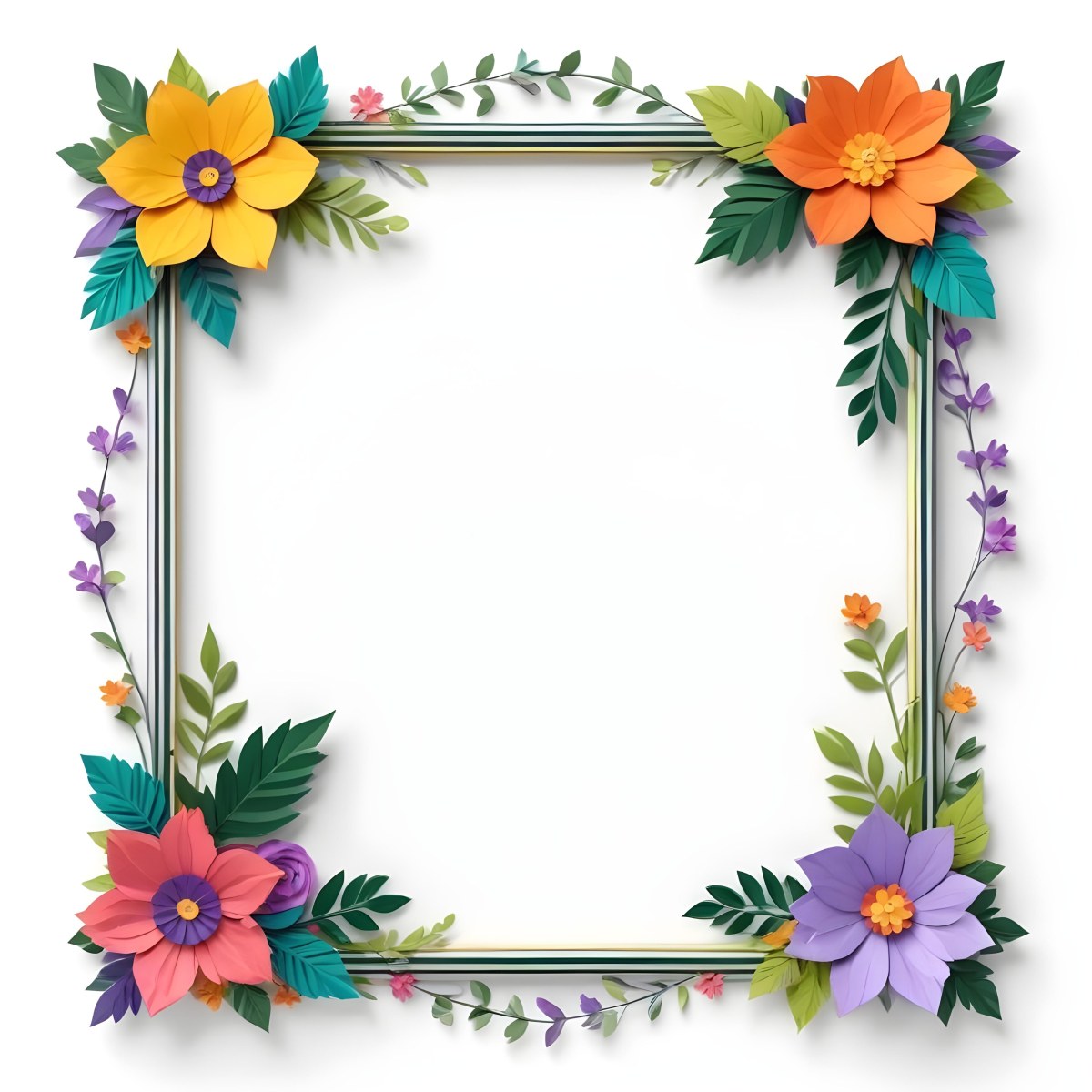 A Decorative Frame With Colorful Paper Flowers In Various Shapes And Sizes Including White Blooms Surrounded By Green Leaves Against A White Background 357 D7a9
