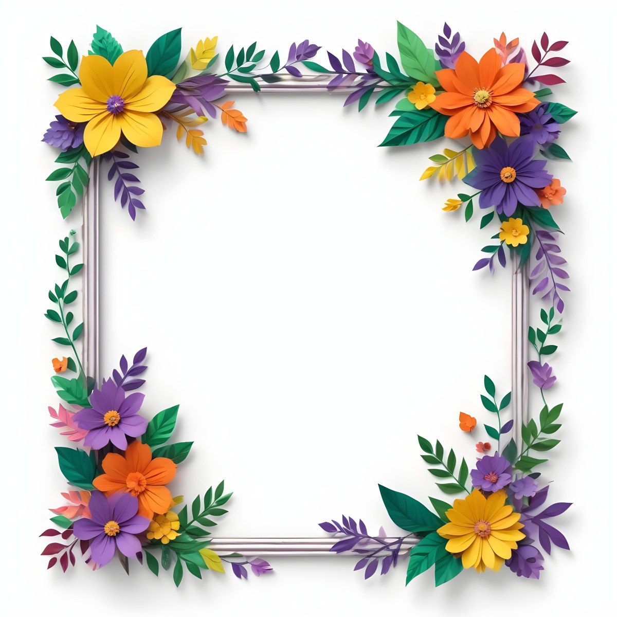 A Decorative Frame With Colorful Paper Flowers In Various Shapes And Sizes Including White Blooms Surrounded By Green Leaves Against A White Background 390 Cda3