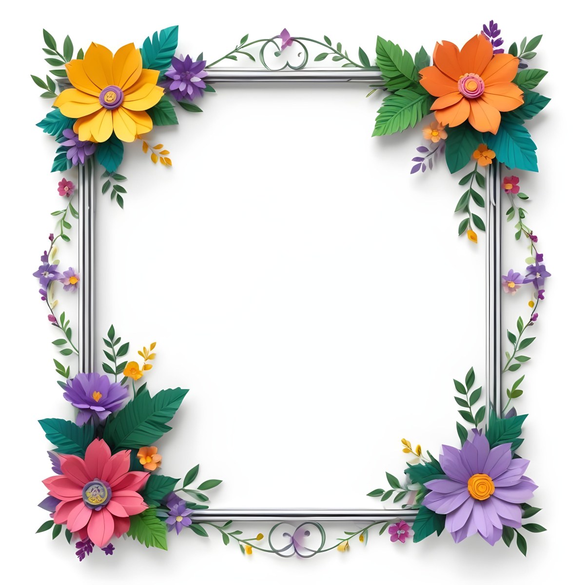 A Decorative Frame With Colorful Paper Flowers In Various Shapes And Sizes Including White Blooms Surrounded By Green Leaves Against A White Background 436 C5ac